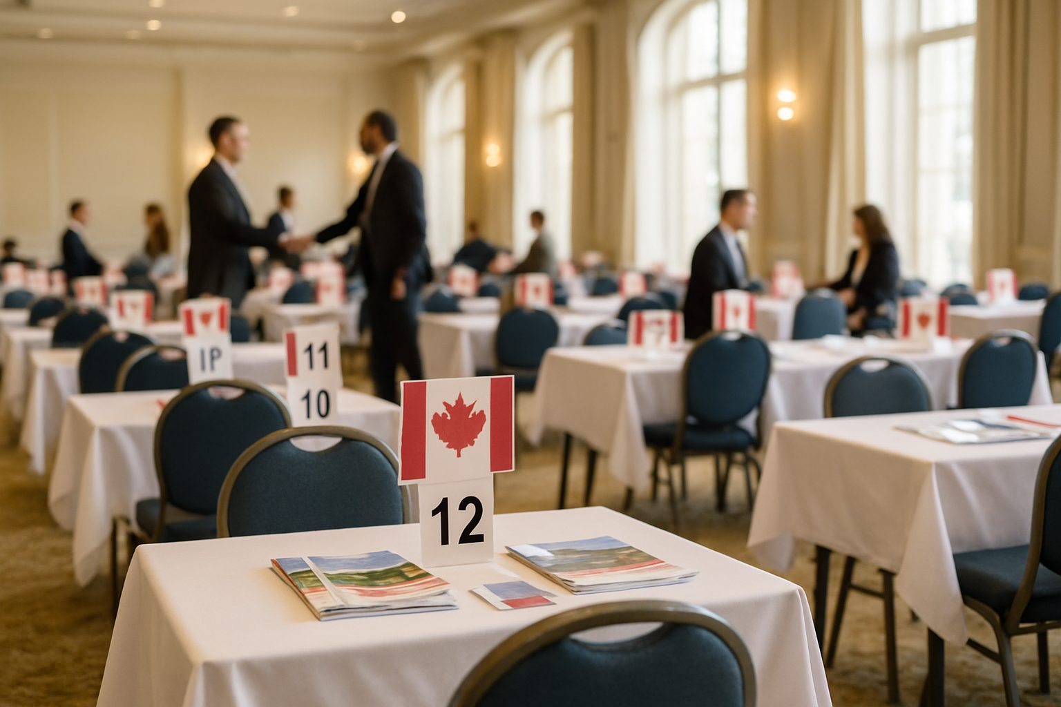 Marketplace tables set for one-on-one meetings (illustration)
